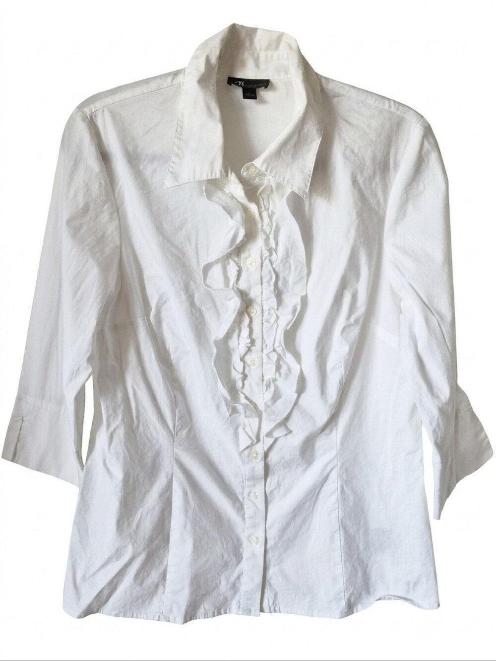 AB Studio White Ruffle Front Button Down Top 3/4 Sleeve - Women's Large